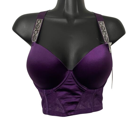 Bebe Womens Bra Size 38C Push Up Longline Bra Rhinstone Adjustable Straps Purple - Picture 1 of 10